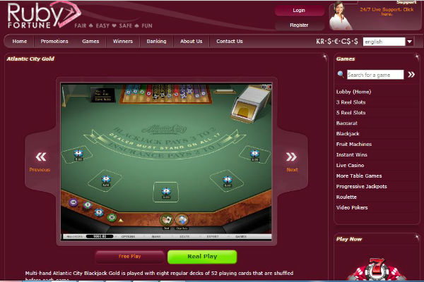 Play blackjack at Ruby Fortune Casino Online