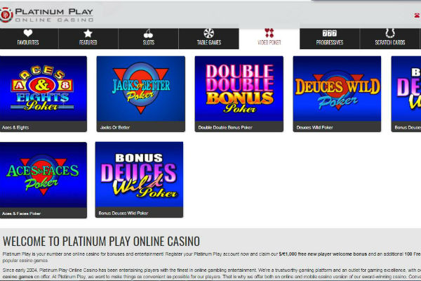 Play video poker at Platinum Play Online Casino